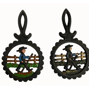 Vintage 1980's Small 2 Hand Painted Quaker Man Amish Cast Iron Trivets